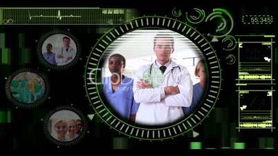 Hand selecting clips of various medical teams on interactive menu