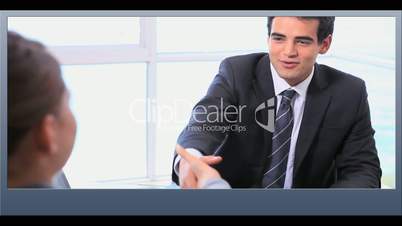 Businesswoman presenting clips of various business scenes