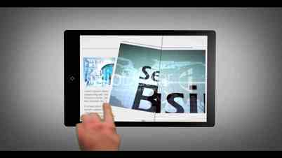 Hand selecting from digital tablet bookshelf