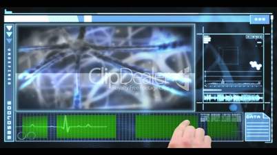 Hand scrolling through medical interface showing neurons and copyspace