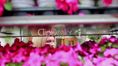 Woman arranging flower pots on shelf