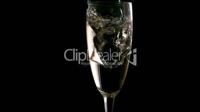 Ice cube falling into champagne flute