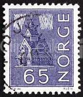Postage stamp Norway 1963 Stave Church and Northern Lights