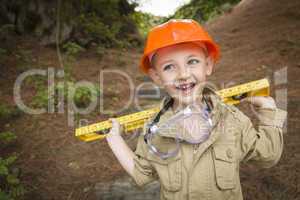 Adorable Child Boy with Level Playing Handyman Outside