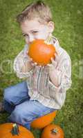 Cure Young Child Boy Enjoying the Pumpkin Patch.