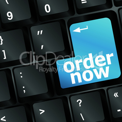 Order now computer key in blue showing online purchases and shopping