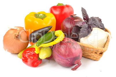 Pepper, onion, chili peppers on a white background