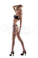 young tall blond woman walk in black lingerie
