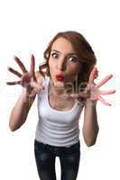 Funny woman with comic head scare isolated