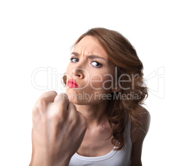 Funny young woman show fist isolated