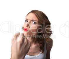 Funny young woman show fist isolated