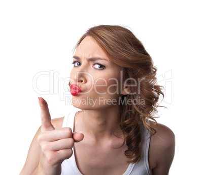 comic woman in tank top show finger attention