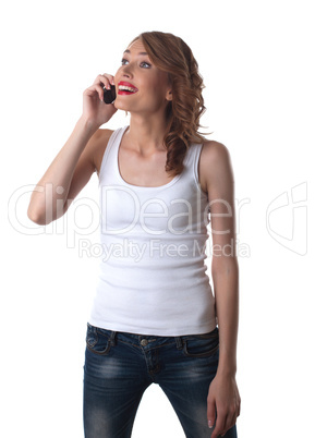 Funny Young woman talk on cell phone and smile