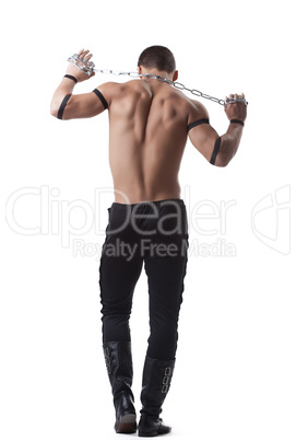 athletic man dance striptease with chain isolated
