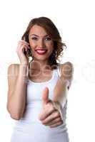 Happy Young woman talk on cell phone and thumbs up