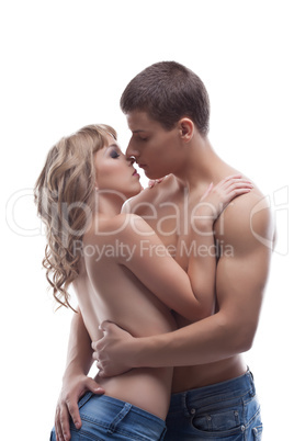 Young beauty man kiss sexy girl posing topless