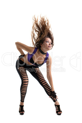 Young woman dance with long hairs on air isolated