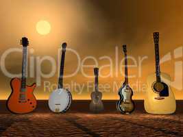 Guitars, banjo and ukulele