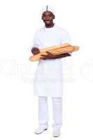 Baker apprentice carrying bread on white background