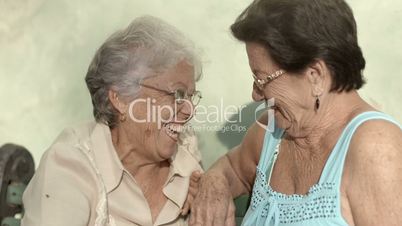 Old friends, two happy senior women talking in park