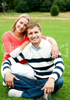 Adorable love couple, woman embracing her man