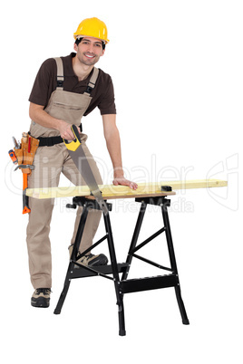 Carpenter sawing plank of wood