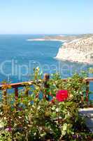 View from terrace with rose plants on turquoise lagoon of Aegean