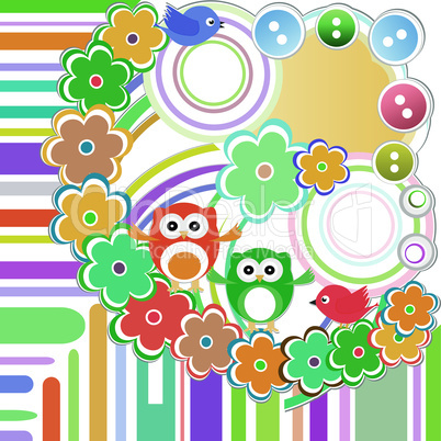 Cute flowers, bird and owl in abstract garden