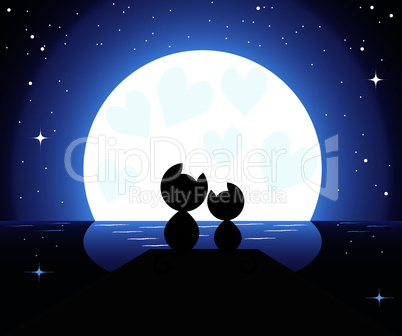 two cats in love watching on the moon