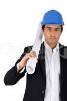 Architect carrying plans in front of white background