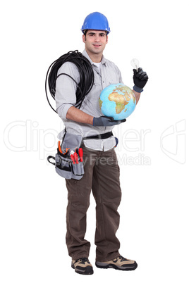 Electrician  holding a globe and a light-bulb
