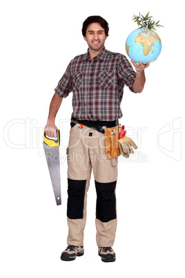 Man holding saw and globe