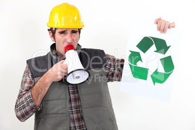 craftsman talking in loudspeaker showing recycling logo