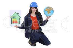 female electrician holding globe