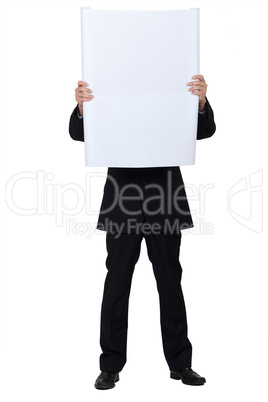 Man hidden behind a white panel for message