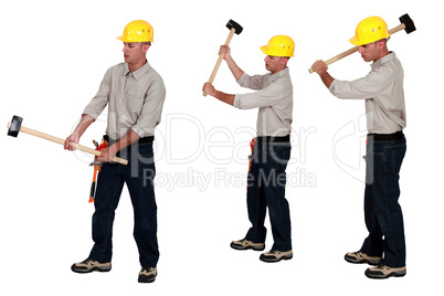 Three identical men hold sledge-hammers