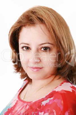 Portrait of a happy middle aged woman smiling against white back