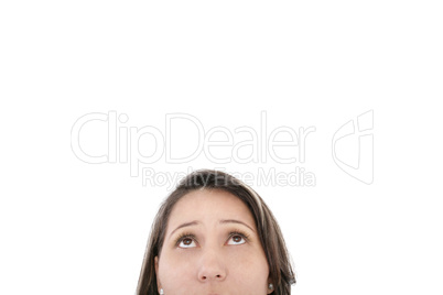 Closeup portrait of a young woman looking up isolated on white b