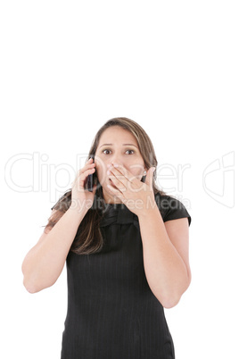 Portrait of woman making a phone call against a white background