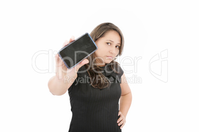 Young woman show display of mobile cell phone with black screen