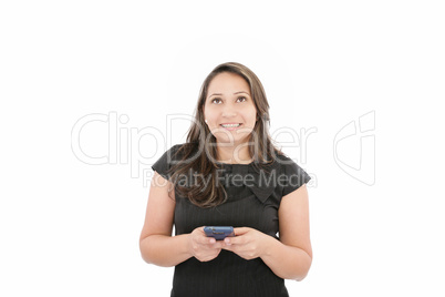 Portrait of happy young business woman text messaging on mobile