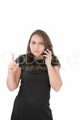 a woman with a serious expression on her face holding her phone