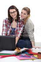 two girlfriends studying together