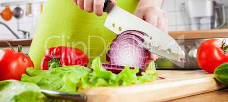 Woman's hands cutting bulb onion