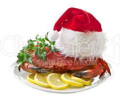 Crab in Santa Claus hat on a platter isolated on white background