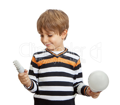 boy holding a lamp, isolated on white background