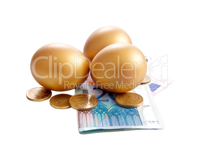 Golden eggs with money bills on white background