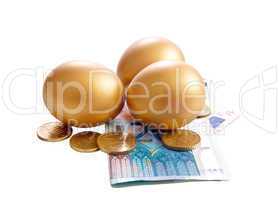 Golden eggs with money bills on white background