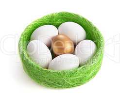 White and gold eggs in a nest from a grass on a white background