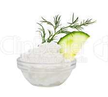 Coarse-grained cottage cheese with fennel and a cucumber. Isolat